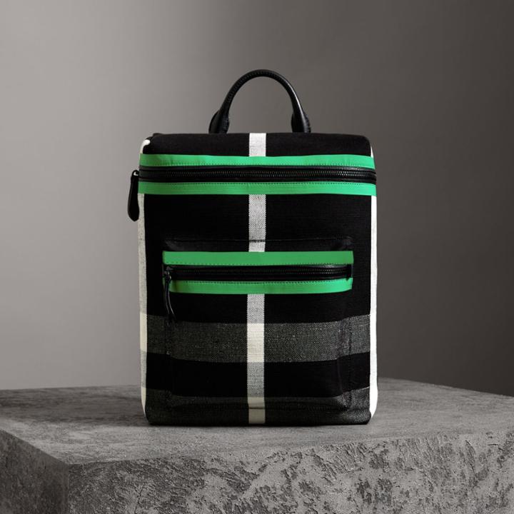 Burberry Burberry Zip-top Leather Trim Canvas Check Backpack, Green