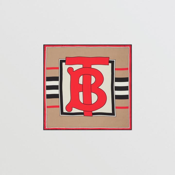 Burberry Burberry Monogram And Icon Stripe Print Silk Square Scarf, Beige