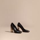 Burberry Burberry Check Heel Leather Pumps, Size: 37, Black
