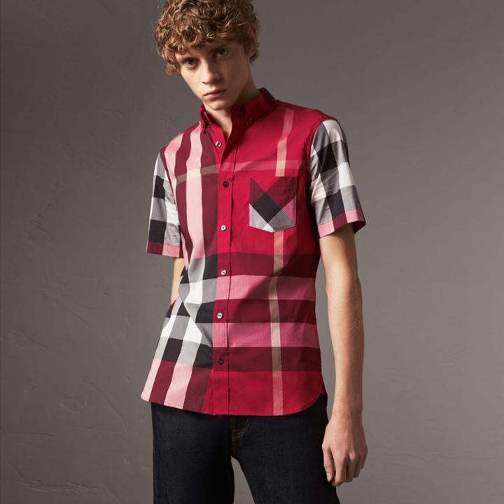 Burberry Burberry Short-sleeve Check Stretch Cotton Blend Shirt, Size: M, Red