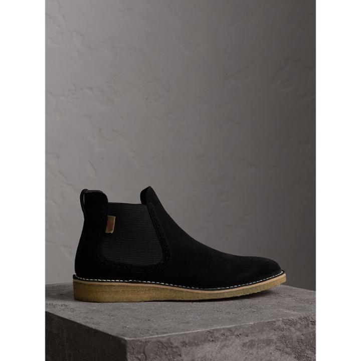 Burberry Burberry Brogue Detail Suede Chelsea Boots, Size: 41, Black