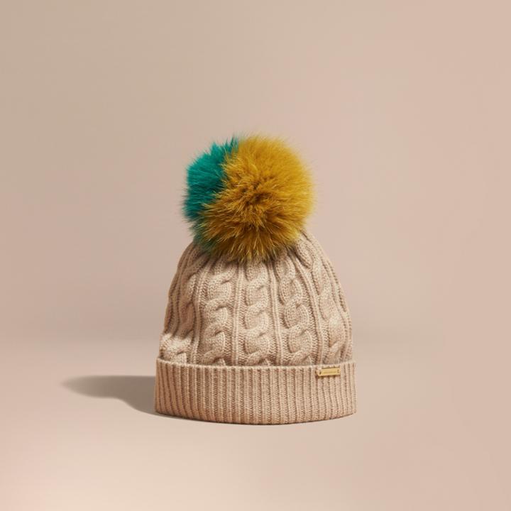 Burberry Burberry Wool Cashmere Beanie With Fur Pom-pom, Brown