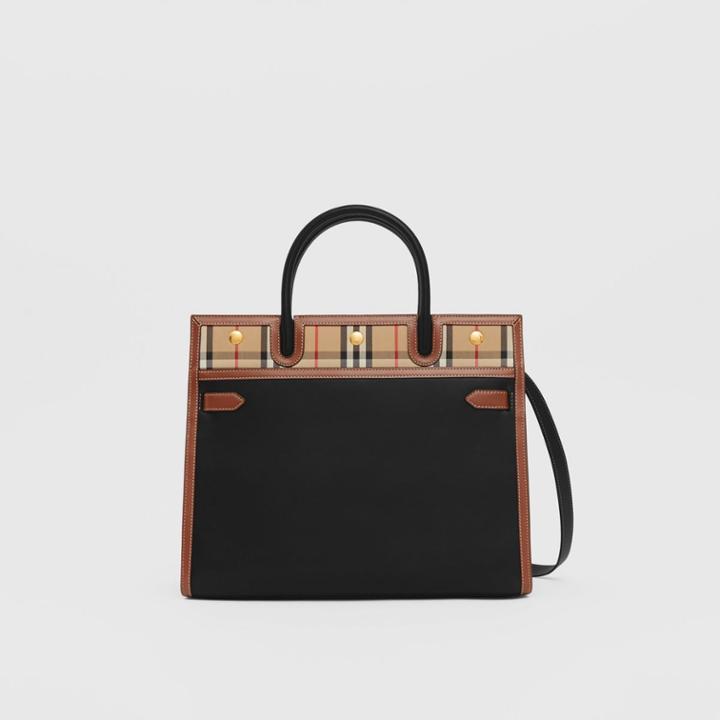 Burberry Burberry Small Leather And Vintage Check Two-handle Title Bag, Black
