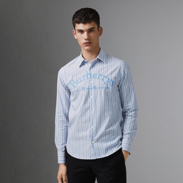 Burberry Burberry Embroidered Archive Logo Striped Cotton Shirt, Size: Xs, Blue