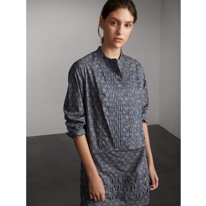 Burberry Burberry Pintuck Bib Leaf Print Cotton Shirt Dress, Size: 10, Blue