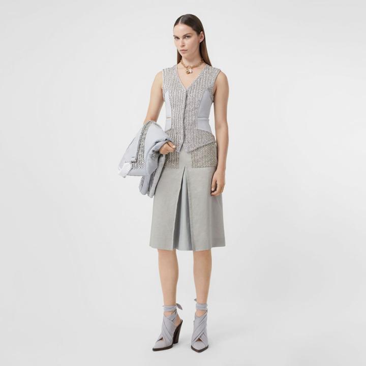 Burberry Burberry Crystal Embroidered Box-pleat Detail Linen A-line Skirt, Size: 0, Grey