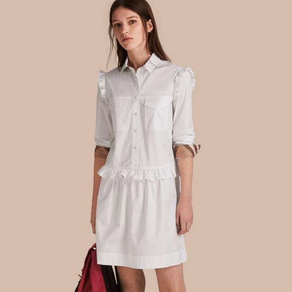 Burberry Ruffle And Check Detail Cotton Shirt Dress