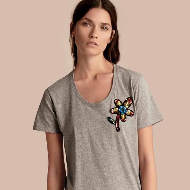 Burberry Burberry Sequin Floral Appliqu Cotton T-shirt, Grey