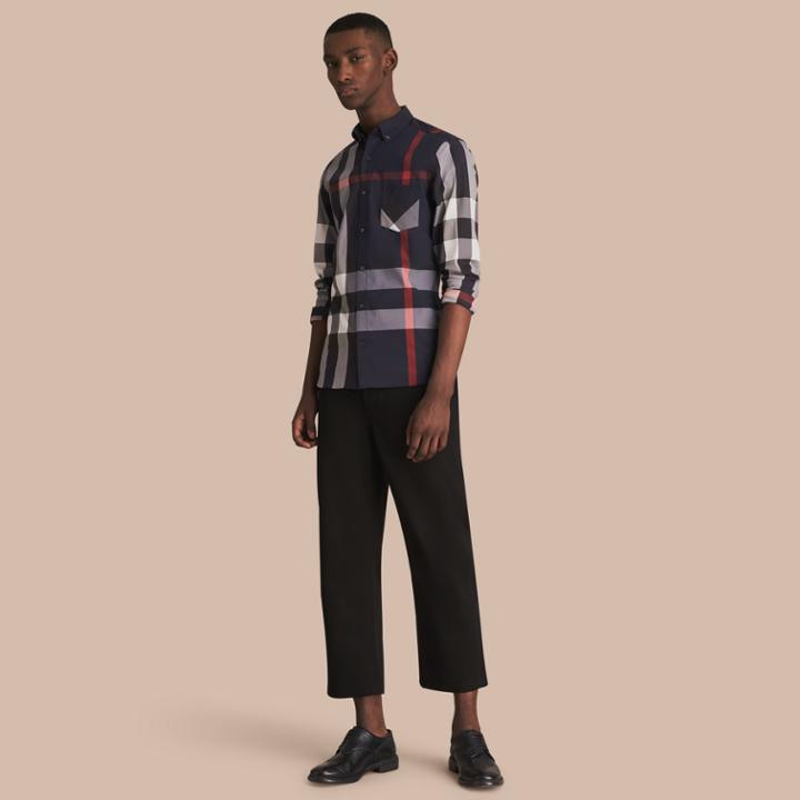 Burberry Burberry Button-down Collar Check Stretch Cotton Blend Shirt, Size: M, Blue