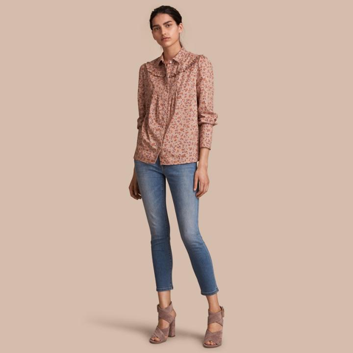 Burberry Burberry Ruffle Yoke Floral Print Cotton Shirt, Size: 12, Orange
