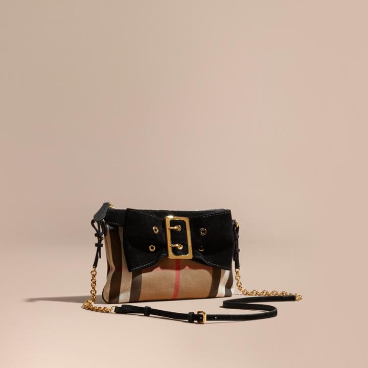 Burberry Burberry House Check Clutch Bag With Suede Buckled Bow, Black