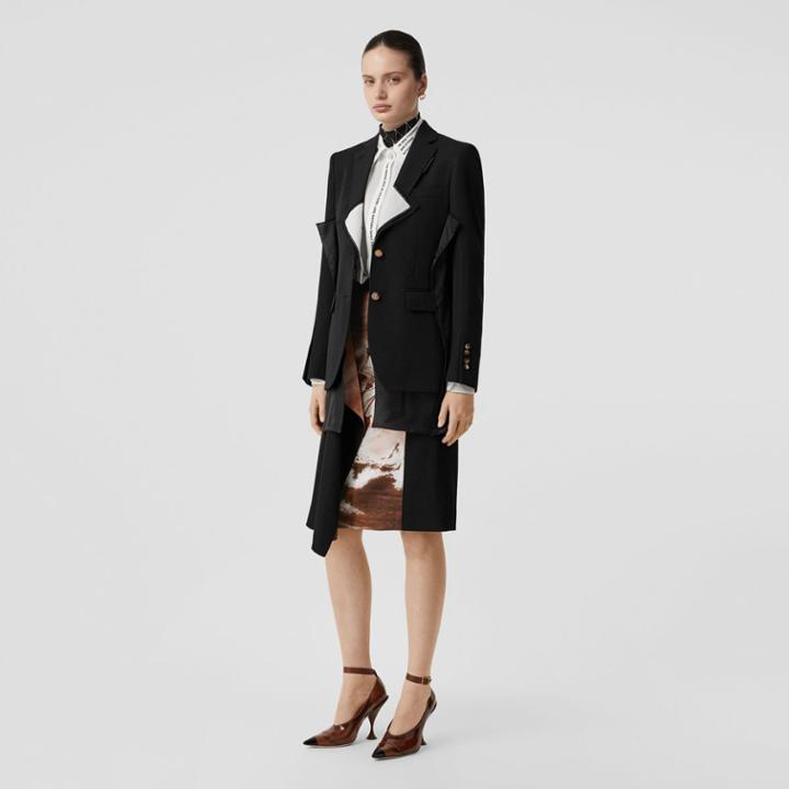 Burberry Burberry Ship Print Silk Panel Wool Pencil Skirt, Size: 02, Brown