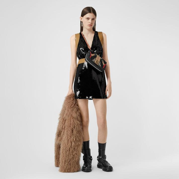 Burberry Burberry Tape Detail Sequinned Mini Dress, Size: 06, Black