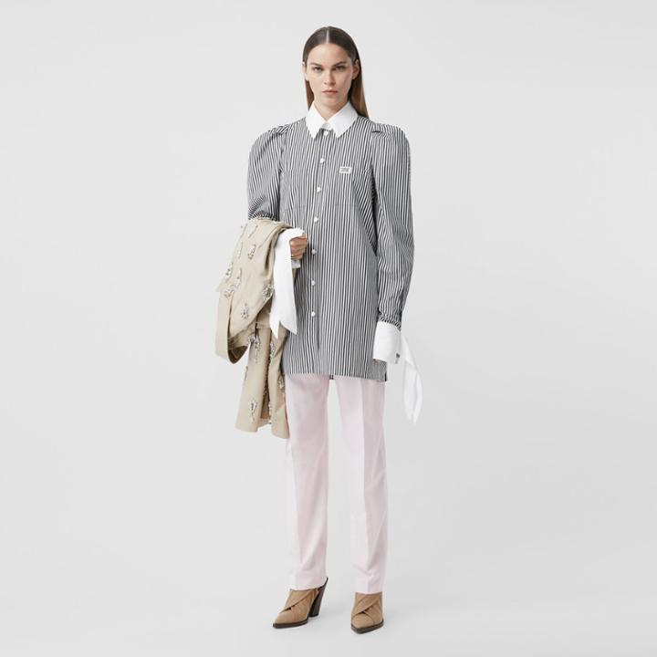 Burberry Burberry Logo Appliqu Striped Cotton Poplin Shirt Dress, Size: 06, Black