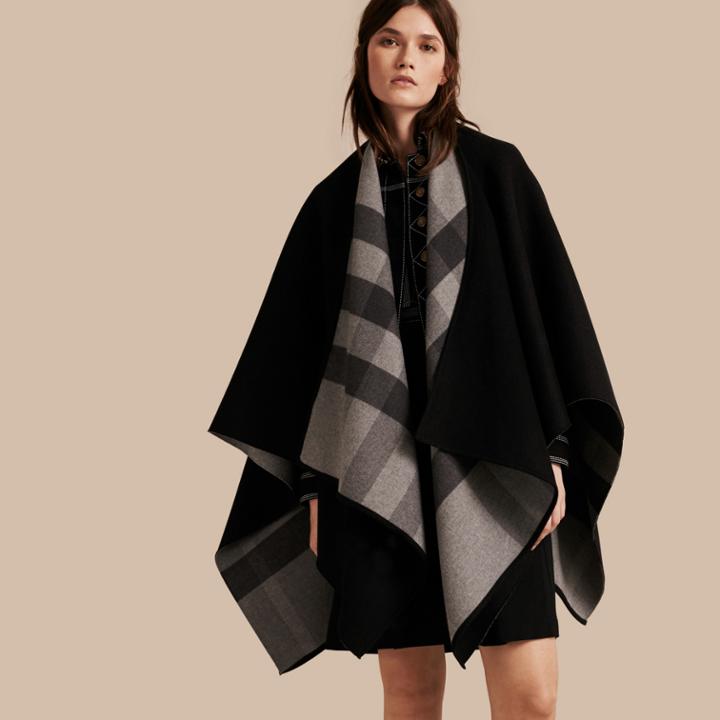 Burberry Burberry Reversible Check Merino Wool Poncho, Grey