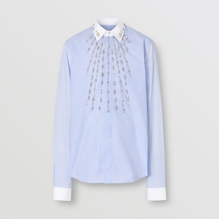 Burberry Burberry Classic Fit Embellished Pinstriped Cotton Poplin Shirt, Size: 37, Blue