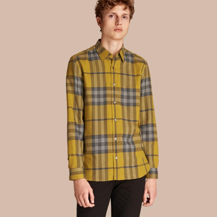 Burberry Burberry Check Cotton Cashmere Flannel Shirt, Yellow
