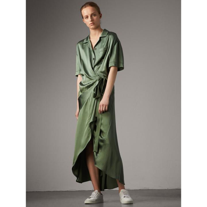 Burberry Burberry Washed Silk Satin Tie-waist Shirt Dress, Size: 14, Green