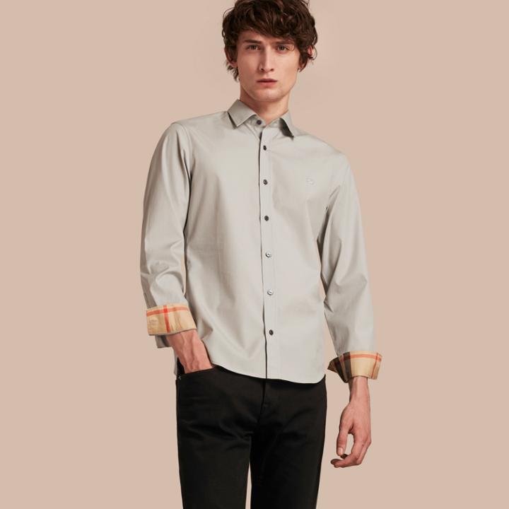 Burberry Burberry Check Detail Stretch Cotton Poplin Shirt, Size: Xs, Grey