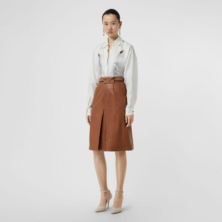 Burberry Burberry Box Pleat Detail Leather A-line Skirt, Size: 00, Brown