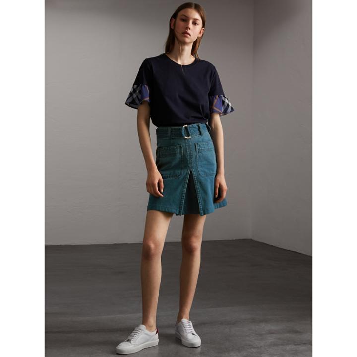 Burberry Burberry Flared-sleeve Check Detail Cotton T-shirt, Size: Xxs, Blue