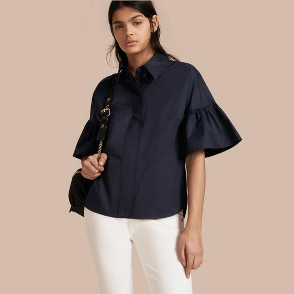 Burberry Stretch Cotton Shirt With Ruched Sleeves