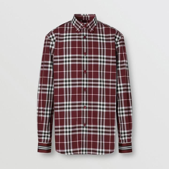 Burberry Burberry Stripe Cuff Check Cotton Shirt, Size: Xxxl, Red