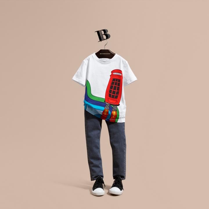 Burberry Burberry Rocket Telephone Box Print Cotton T-shirt, Size: 10y, White