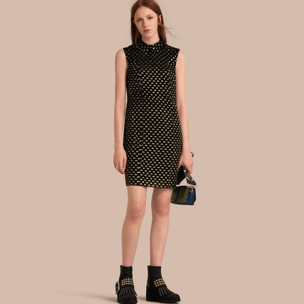 Burberry Metallic Polka Dot Sleeveless Silk Shift Dress