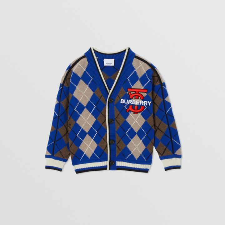 Burberry Burberry Childrens Monogram Motif Argyle Intarsia Wool Cashmere Cardigan, Size: 10y