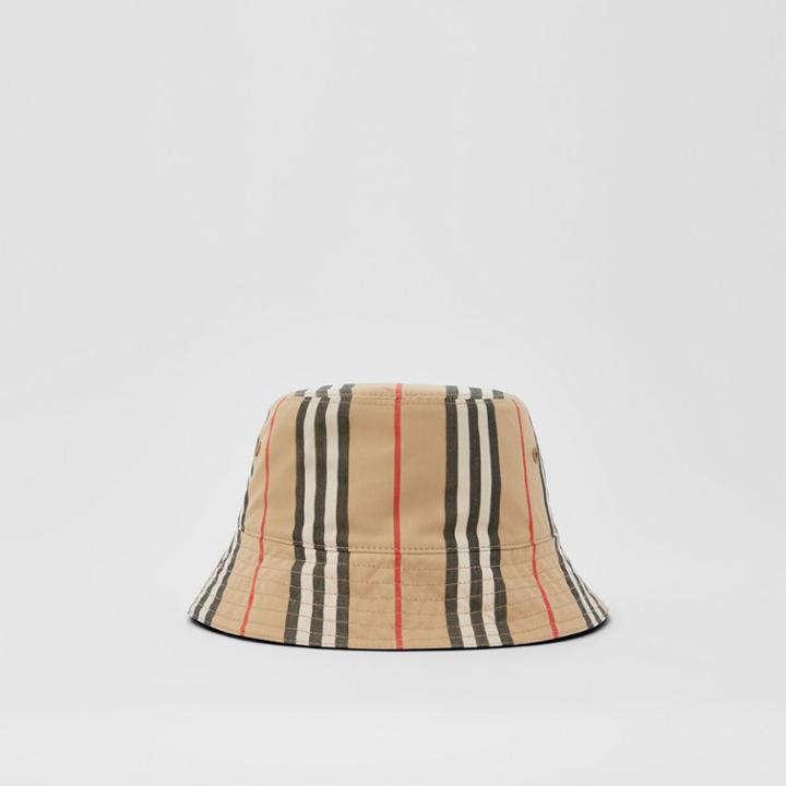 Burberry Burberry Reversible Icon Stripe Cotton Bucket Hat, Size: Xs, Beige