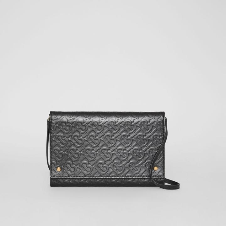 Burberry Burberry Small Monogram Leather Bag With Detachable Strap, Black