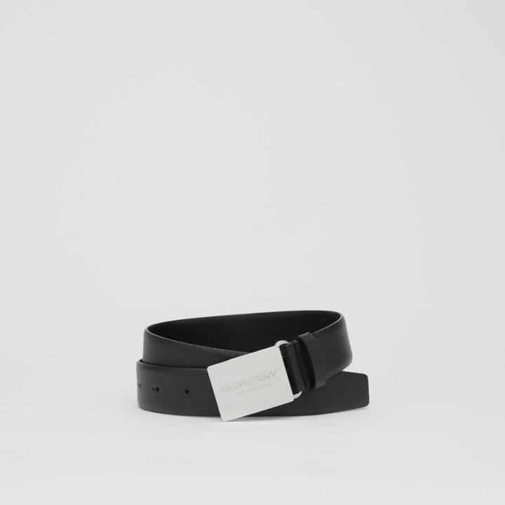 Burberry Burberry Plaque Buckle Grainy Leather Belt, Size: 90, Black