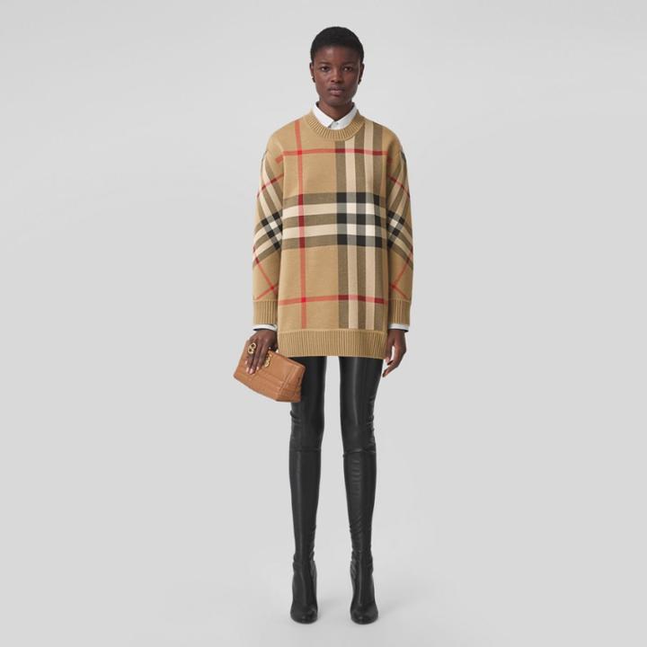 Burberry Burberry Check Technical Wool Jacquard Sweater, Size: Xxs, Beige