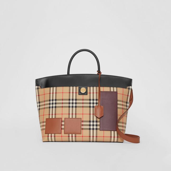 Burberry Burberry Vintage Check And Leather Society Top Handle Bag, Beige