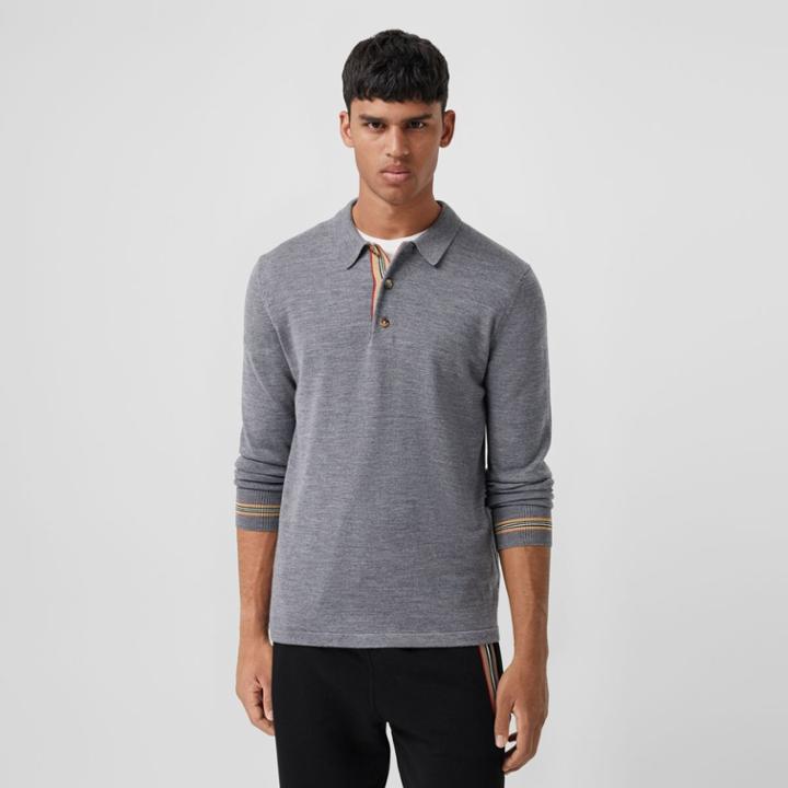 Burberry Burberry Long-sleeve Icon Stripe Detail Merino Wool Polo Shirt, Grey