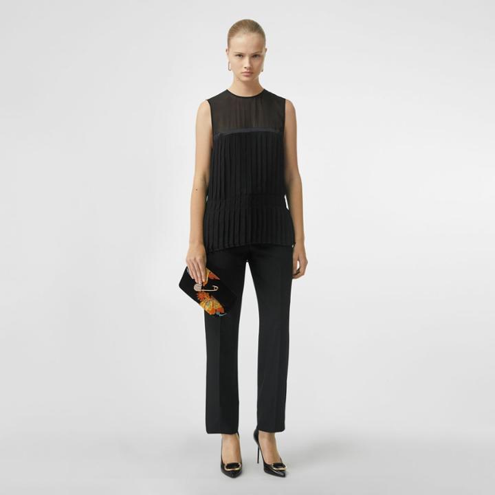 Burberry Burberry Sleeveless Pleated Silk Georgette Top, Size: 04, Black