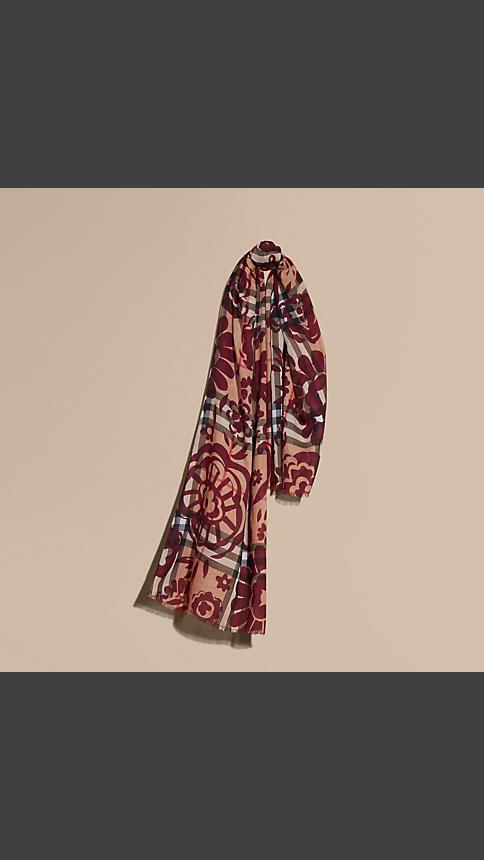 Burberry Floral Print Check Wool Silk Scarf