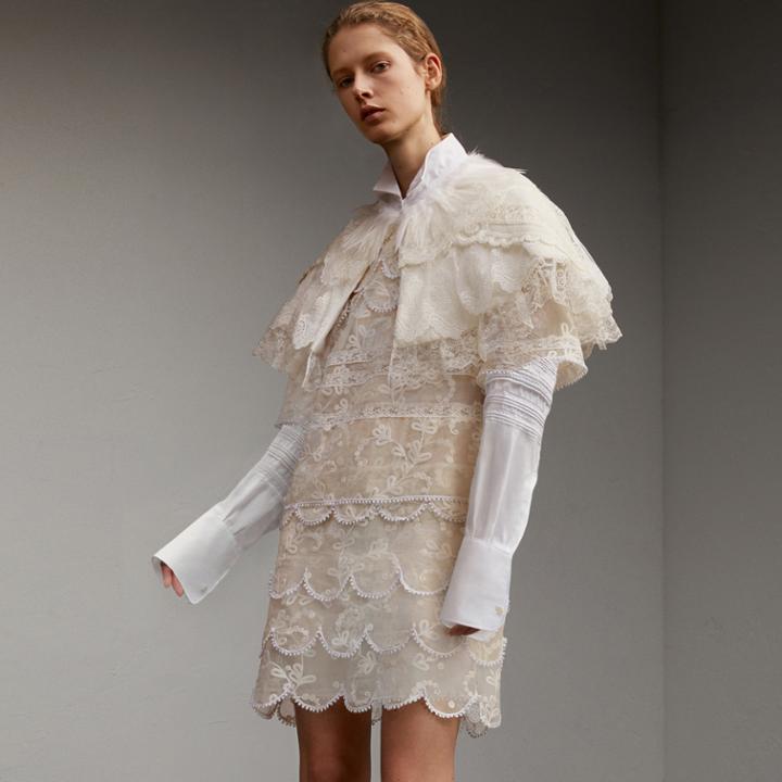 Burberry Burberry Feather Collar Detail Layered Lace Capelet, Size: 08, White