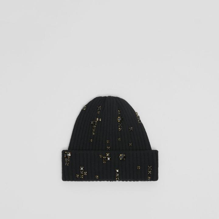 Burberry Burberry Embellished Rib Knit Wool Beanie, Black