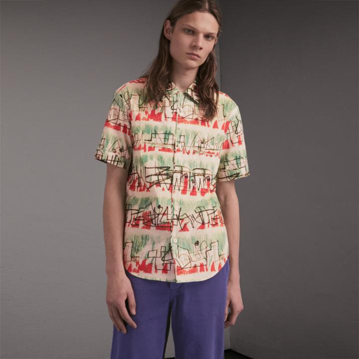 Burberry Burberry Short-sleeve Abstract Lines Print Cotton Shirt, Green