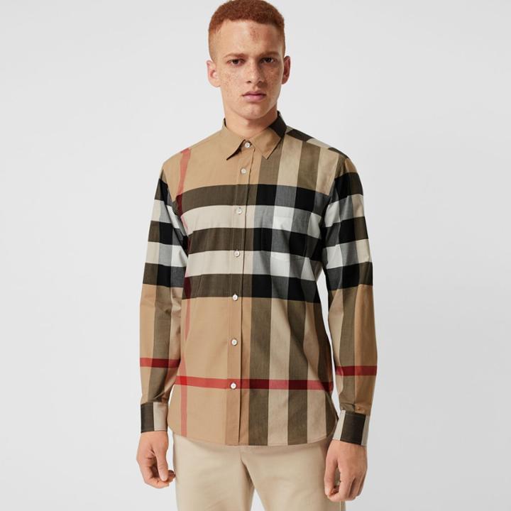 Burberry Burberry Check Stretch Cotton Shirt, Size: M, Beige