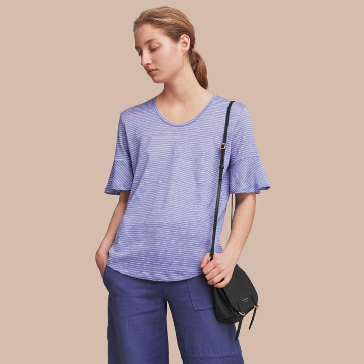 Burberry Burberry Bell-sleeve Check Detail Striped Linen T-shirt, Blue