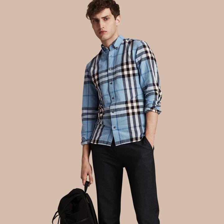 Burberry Burberry Button-down Collar Check Linen Cotton Shirt, Blue