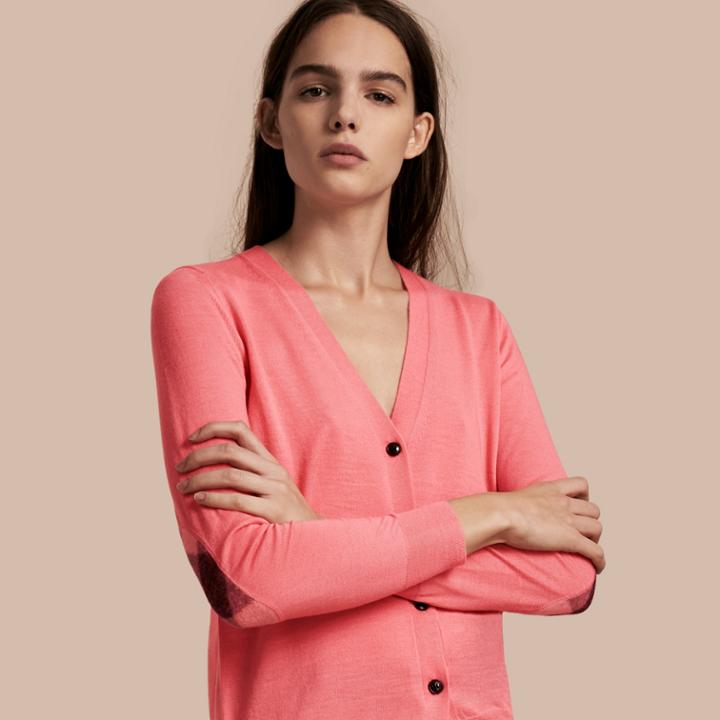 Burberry Burberry Check Detail Merino Wool Cardigan, Pink