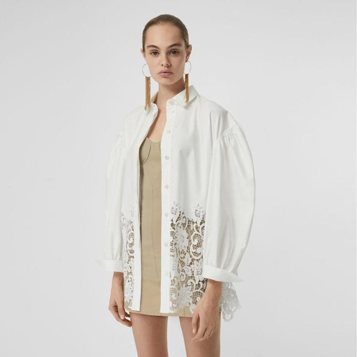Burberry Burberry Macram Lace Panel Cotton Oxford Shirt, Size: 00, White