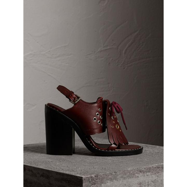 Burberry Burberry Kiltie Fringe Leather Heeled Sandals, Size: 40.5