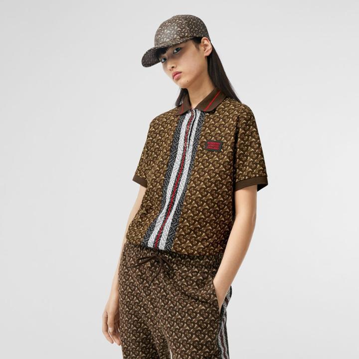 Burberry Burberry Monogram Stripe Print Cotton Oversized Polo Shirt, Size: Xs, Bridle Brown