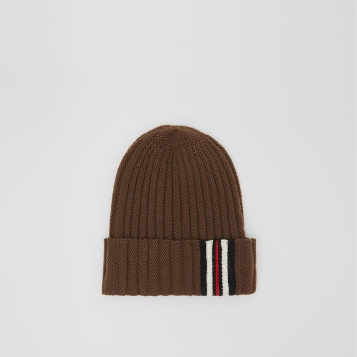 Burberry Burberry Icon Stripe Detail Rib Knit Wool Beanie, Brown