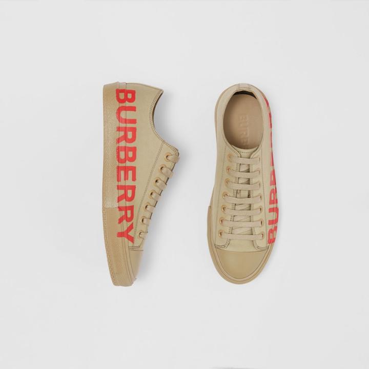 Burberry Burberry Logo Print Cotton Gabardine Sneakers, Size: 38, Beige